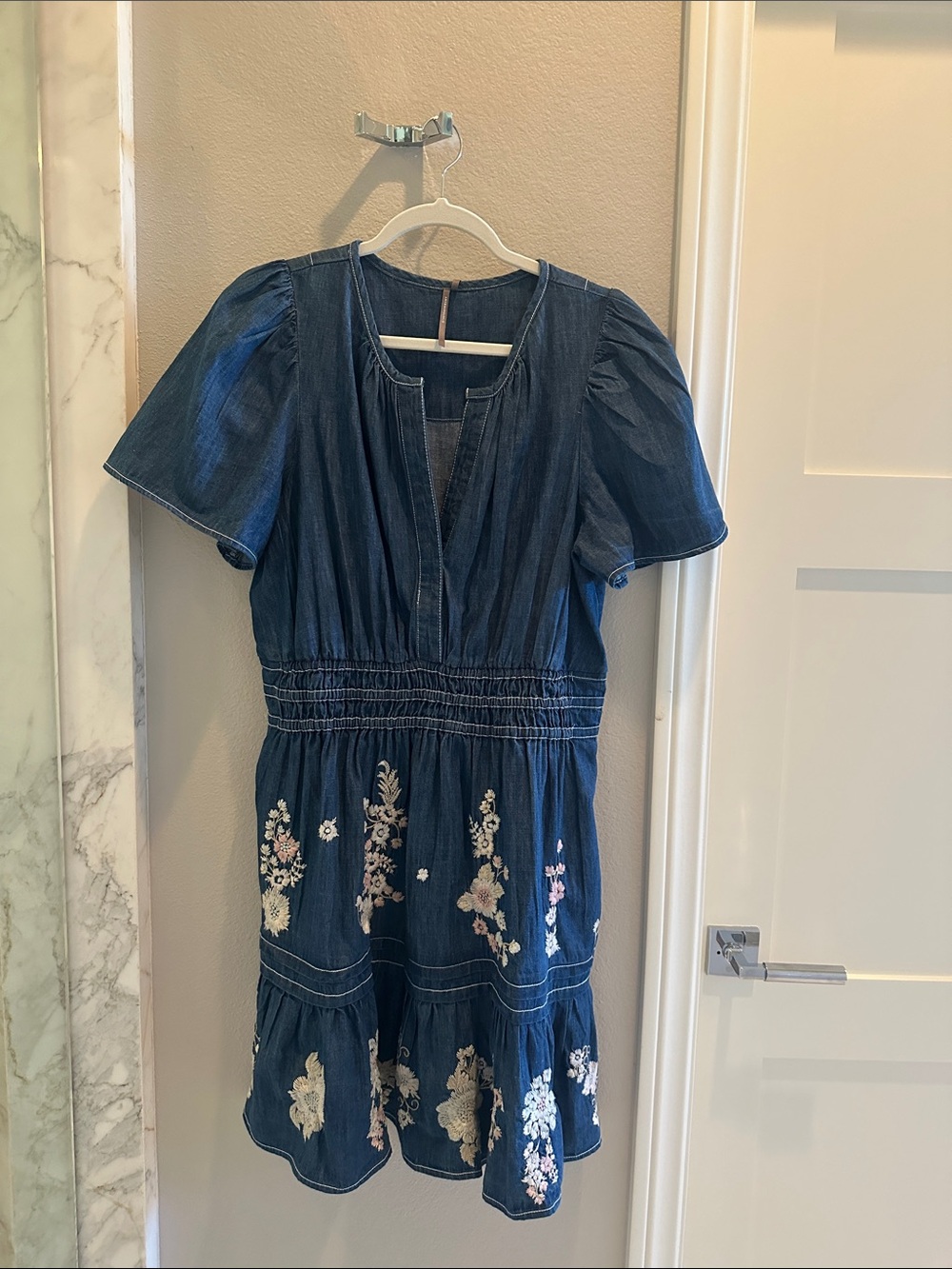Anthropologie Denim Blue Embroidered Mini Dress